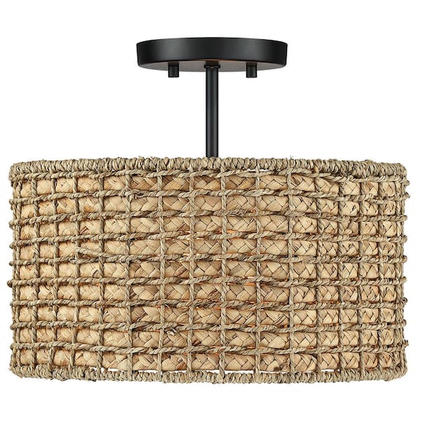 Elis 13.6 in. 2-Light Natural Rattan Semi-Flush Mount Ceiling Light with Black Canopy