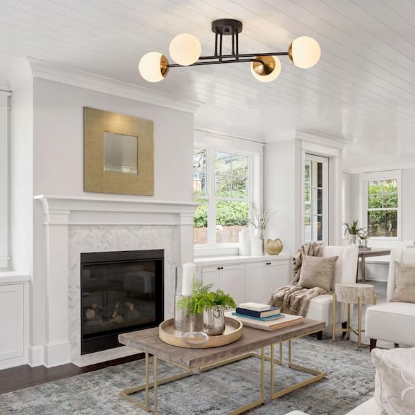 28 in. Modern 4-Light Black Semi Flush Mount Industrial Black and Gold Sputnik Chandelier