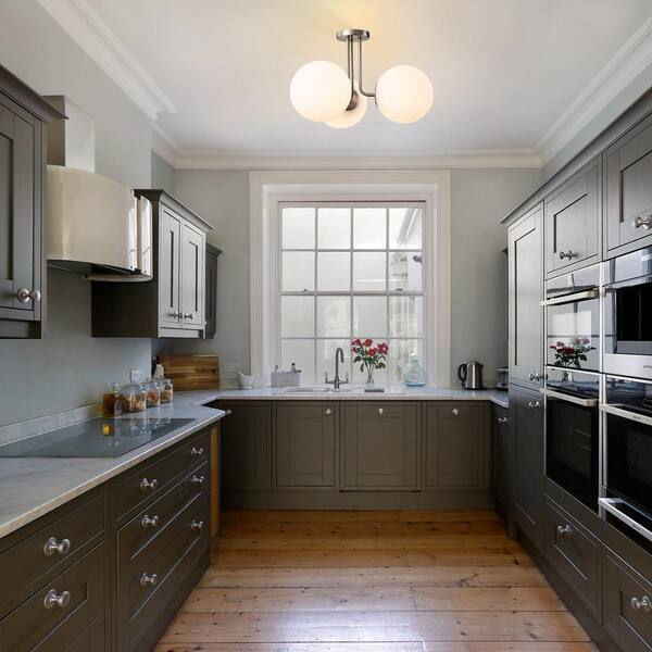 Lueck 22 in. 3-Light Modern Sputnik Nickel Semi Flush Mount with Globe White Glass