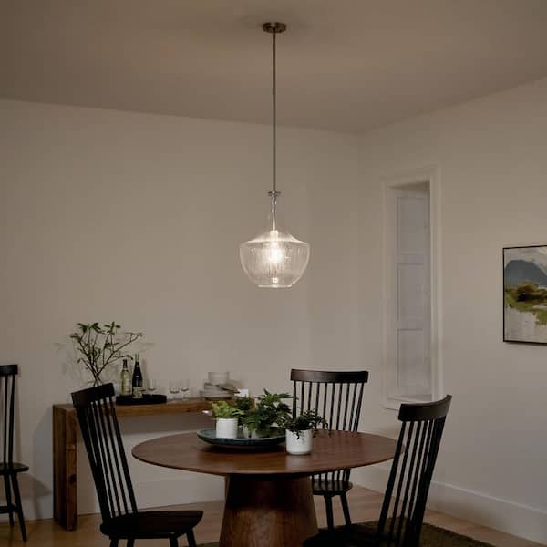 Everly 19.75 in. 1-Light Brushed Nickel Transitional Shaded Kitchen Bell Pendant Hanging Light with Clear Seeded Glass