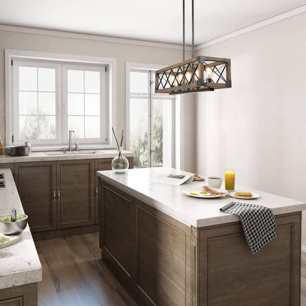 Wood Kitchen Chandelier 5-Light Linear Farmhouse Black Island Dining Room Chandelier Pendant with Rustic Rectangle Frame