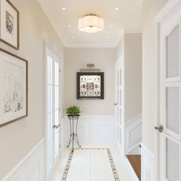 13.5 in. 4-Light Brushed Gold Semi-Flush Mount with White Fabric Drum Shade