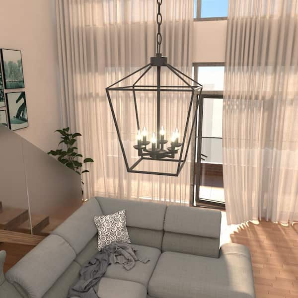 6-Light Matte Black Lantern Industrial Black Cage Farmhouse Chandelier