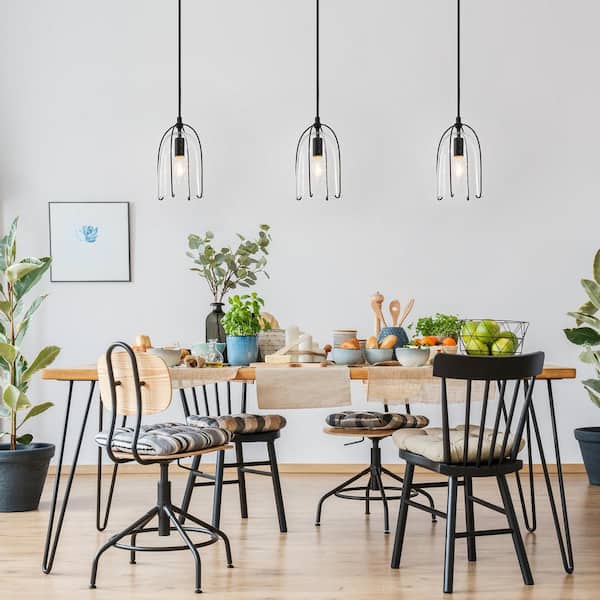 Modern Black Kitchen Island Hanging Light, 1-Light Industrial Cage Dining Room Pendant Light with Seeded Glass Shade
