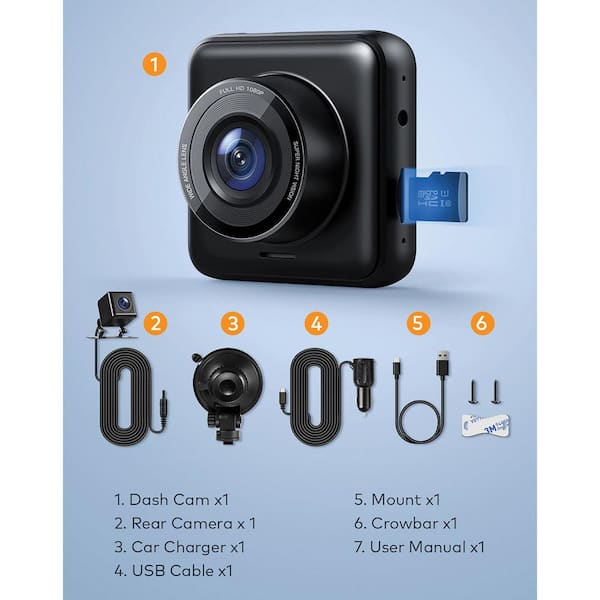 Cube Front and Rear Dash Cams with 170° Field of View and 1080p/720p HD