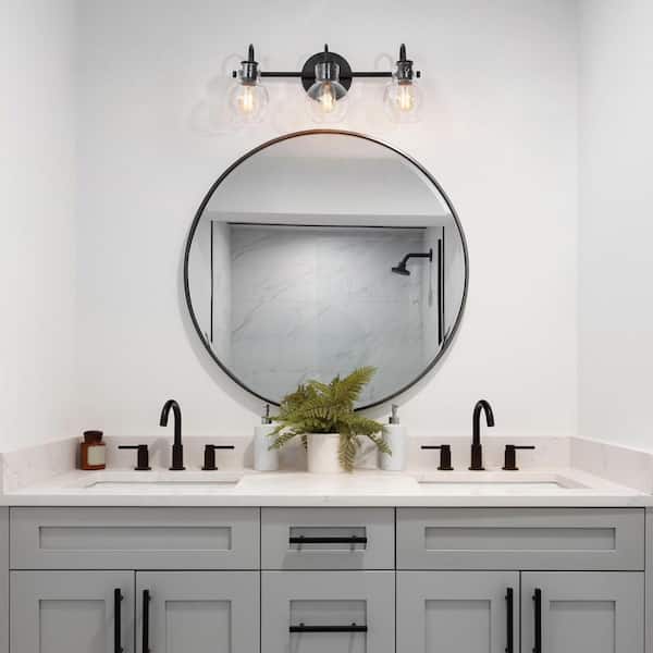 22 in. 3-Light Modern Black Bathroom Vanity Light Farmhouse Wall Sconce with Clear Glass Globe Shades