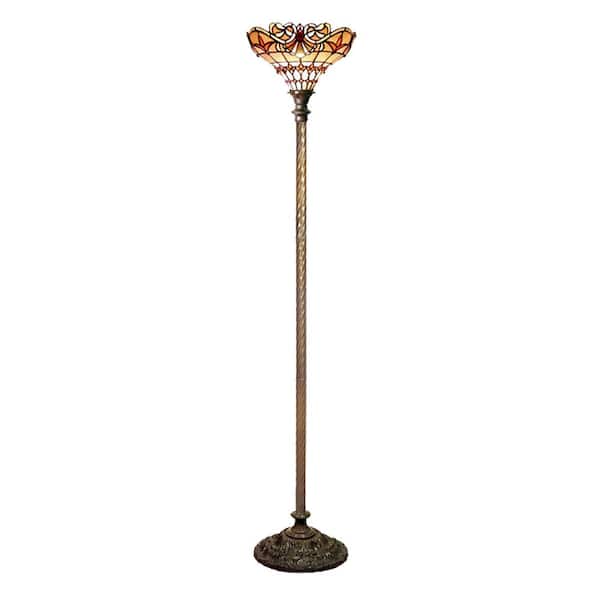 72 in. Multi-Color Antique Bronze Baroque Stained Glass Floor Lamp with Foot Switch