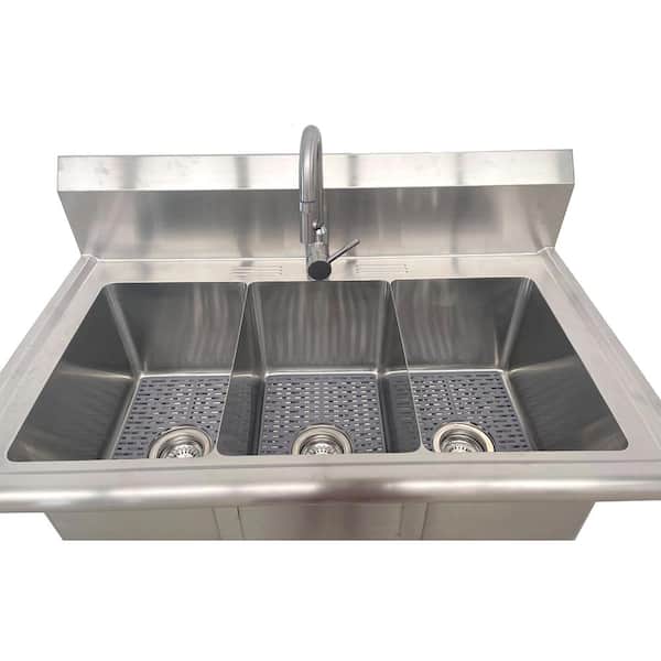 All-in-One 38 in. Stainless Steel 3 Compartment Commercial Utility Kitchen Sink with Faucet