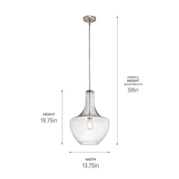 Everly 19.75 in. 1-Light Brushed Nickel Transitional Shaded Kitchen Bell Pendant Hanging Light with Clear Seeded Glass