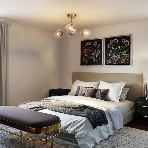 Modern Sputnik Ceiling Light 3-Light Electroplated Brass Semi-Flush Mount Light with Seeded Glass Shades