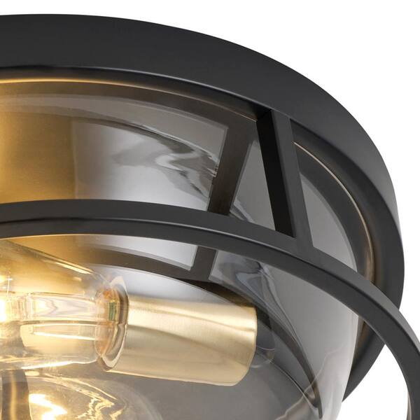 13 in. 2-Light Industrial Black Flush Mount Ceiling Light Fixture with Glass Shade