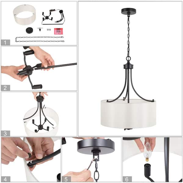 4-Light Modern Black Chandelier Drum Candlestick Island Chandelier Pendant Light with Fabric Shade
