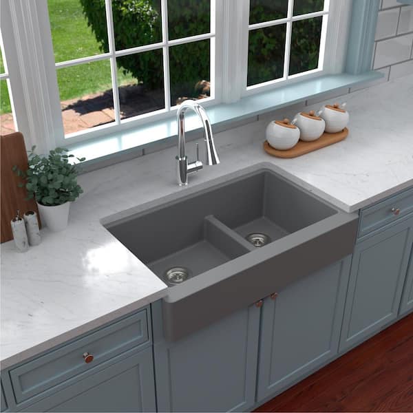 QAR-760 Quartz/Granite 34 in. Double Bowl 60/40 Retrofit Farmhouse/Apron Front Kitchen Sink in Grey w/ Grid and Strainer