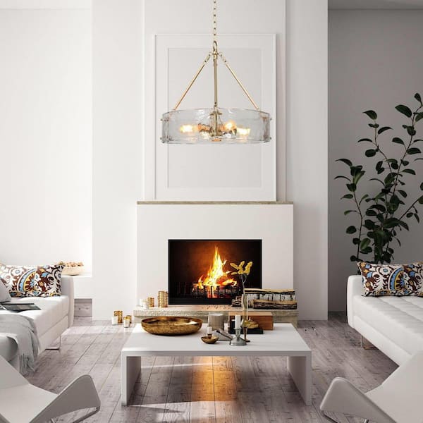 19.5 in. 4-Light Modern Gold Drum Chandelier, Water Glass Kitchen Island Pendant Light, Dining Room Round Chandelier