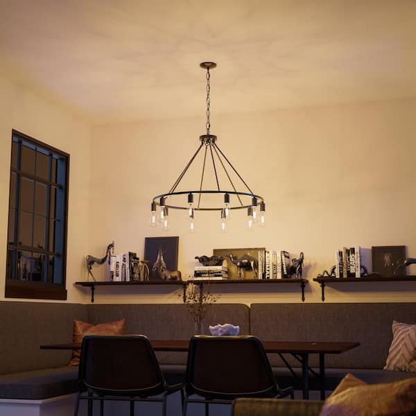 Stratton 10-Light Black Wagon Wheel, Industrial Farmhouse Dining Room Chandelier with Bulbs Included