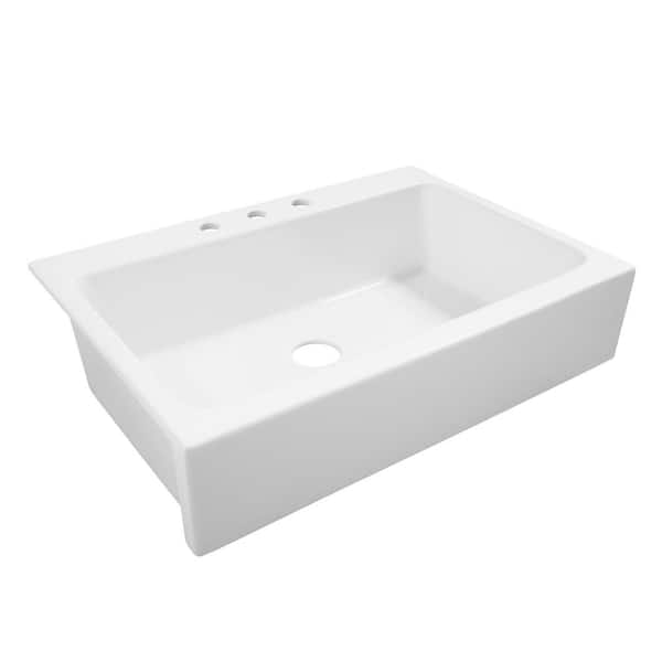Josephine 34 in. 3-Hole Quick-Fit Drop-In Farmhouse Single Bowl Crisp White Fireclay Kitchen Sink with Strainer Drain