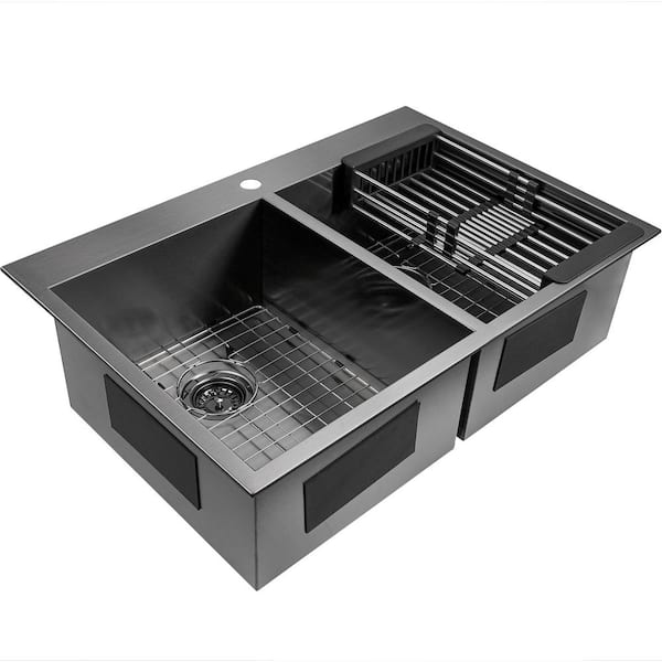All-in-One Gunmetal Matte Black Finish Stainless Steel 33 in. Double Bowl Drop-In Kitchen Sink with Kitchen Faucet