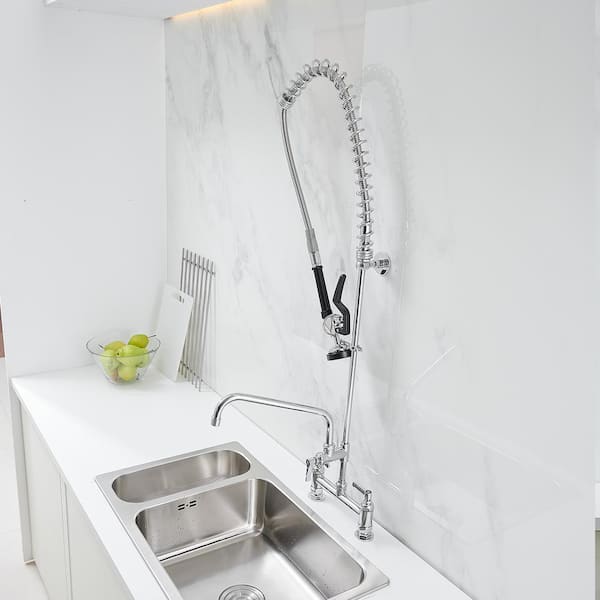 Commercial Restaurant Pull Down 2-Handle Wall Mount Pre-Rinse Spray Utility Kitchen Faucet in Polished Chrome
