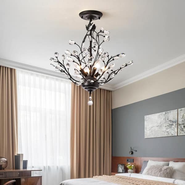 Chicago 18.1 in. 4-Light Black Unique/Statement Tiered Semi Flush Mount With Crystal Accents