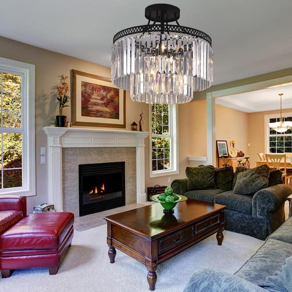 Annapolis 20.4 in. 6-Light Black/Clear Semi-Flush Mount with Crystal