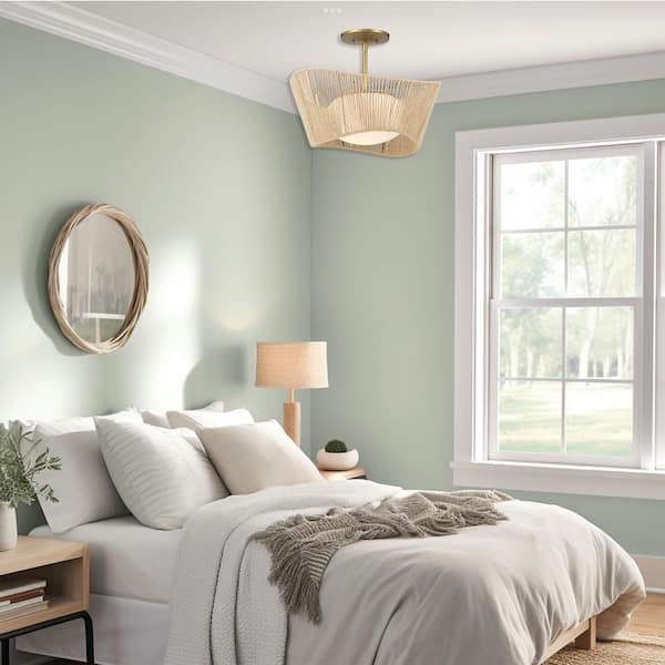 Key Largo 16 in. 1-Light Soft Brass Semi-Flush Mount with Etched Opal Glass and Natural Rope Shade