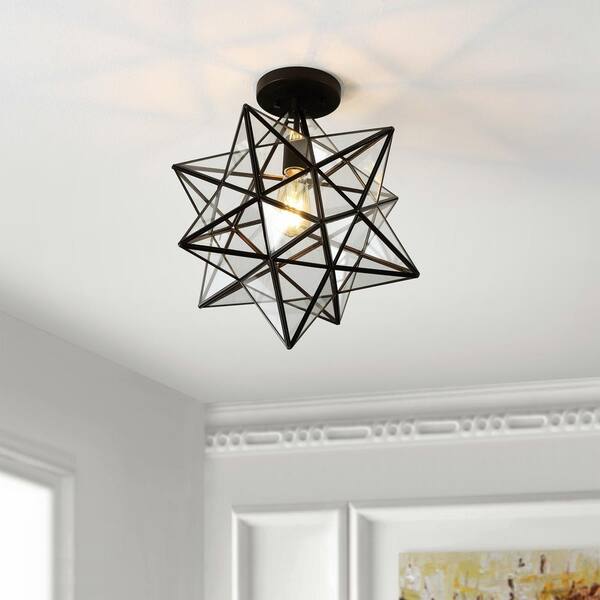 Ava 14.5 in. Black/Clear 1-Light Farmhouse Bohemian Iron/Glass LED Semi Flush Mount
