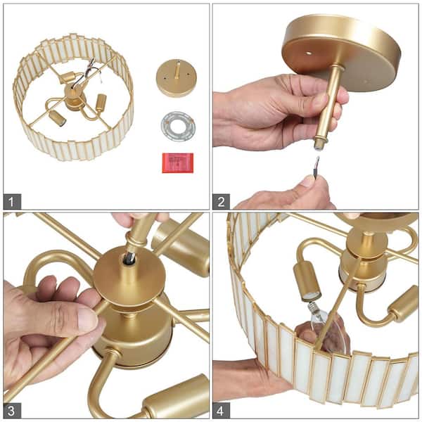 Modern 13 in. 3-Light Gold Drum Semi-Flush Mount with White Stained Glass Shade