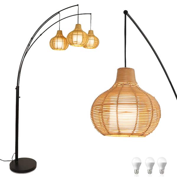 89 in. 3-Light Black LED Arc Floor Lamps, Adjustable Tall Standing Reading Lamp with Bamboo Lampshade