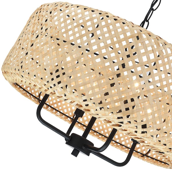 Bungalo 19.7 in. 4-Light Black/Wheat Bohemian Drum Chandelier with Natural Bamboo Shade