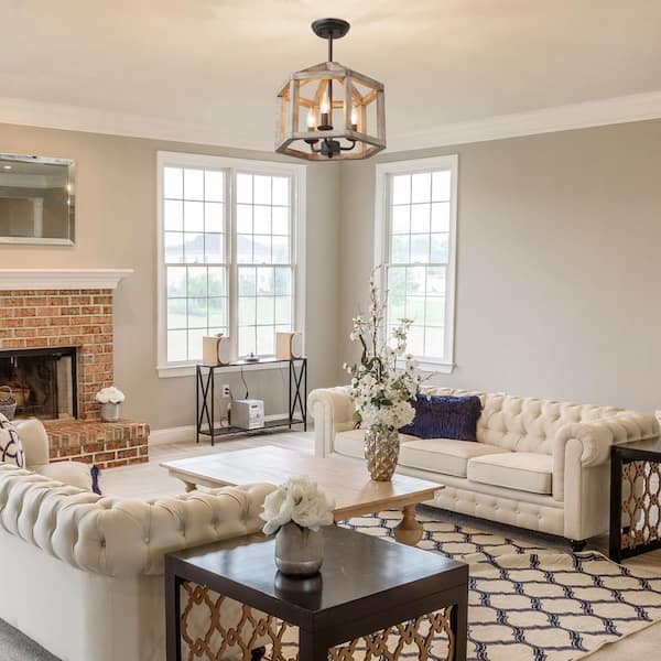 Rustic Drum Bronze Wood Semi-Flush Mount, Industrial Geometric 3-Light Farmhouse Candlestick Antique Ceiling Lighting