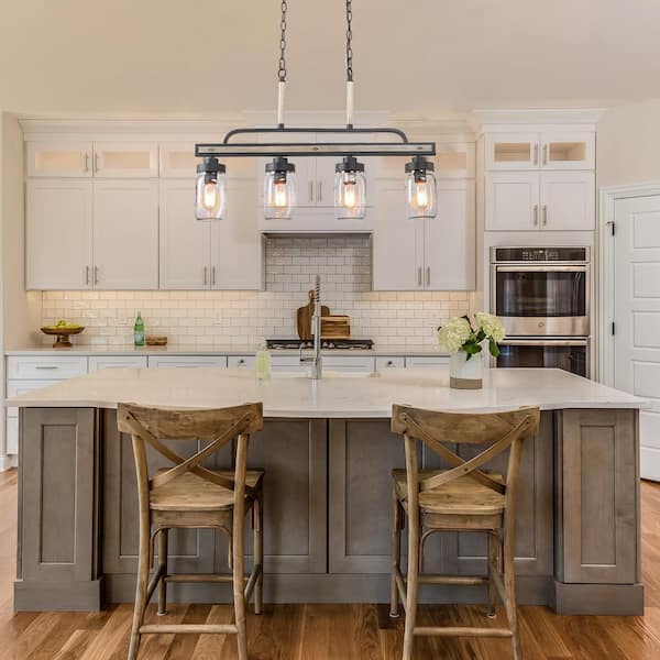 Modern Farmhouse Greyish Black 4-Light Linear Chandelier with Faux Wood Accent Island Pendant with Mason Jar Glass Shade