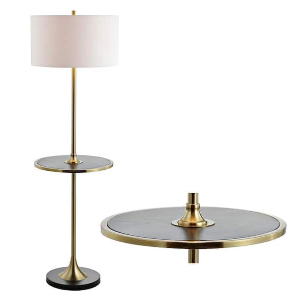 Luce 59 in. Black/Brass Metal/Wood LED Floor Lamp with Table