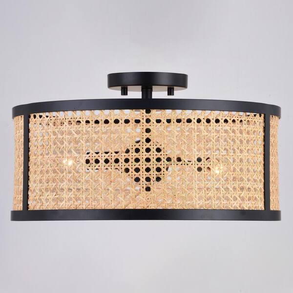 Berens 15.5 in. W Matte Black Modern Farmhouse Drum Semi Flush Mount Ceiling Light with Rattan Cane Shade