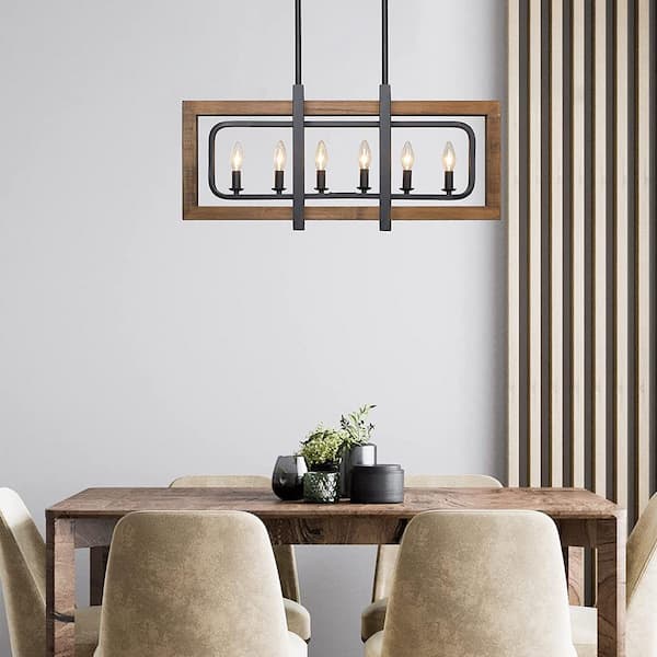 6-Light Pine Wood Candlestick Chandelier with Black Steel Frame