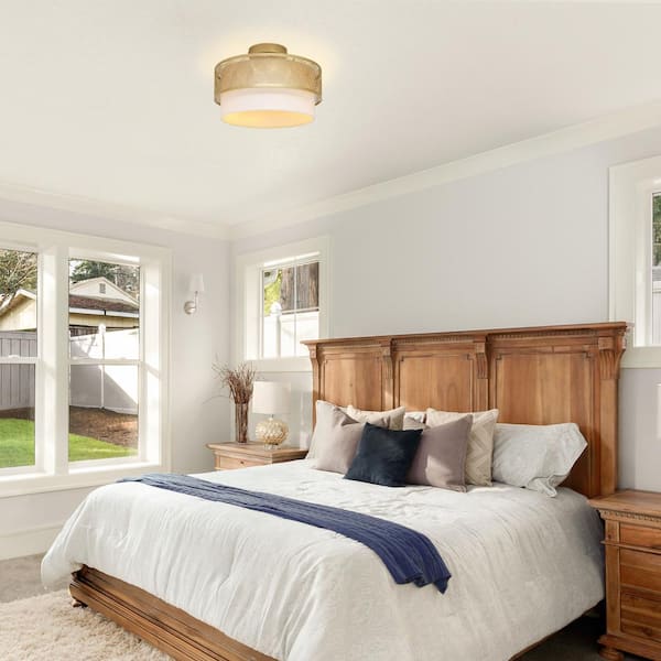 Sloane 13.125 in. Dual-Light Gold-Tone Semi-Flush Mount with White Fabric Drum Shade