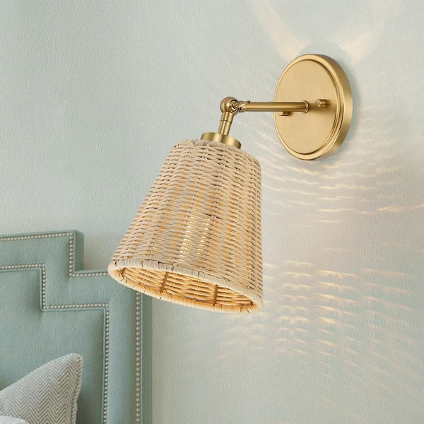 Adella 1-Light Brass Boho Natural Rattan Hardwired Wall Sconce with Adjustable Swivel Swing Arm