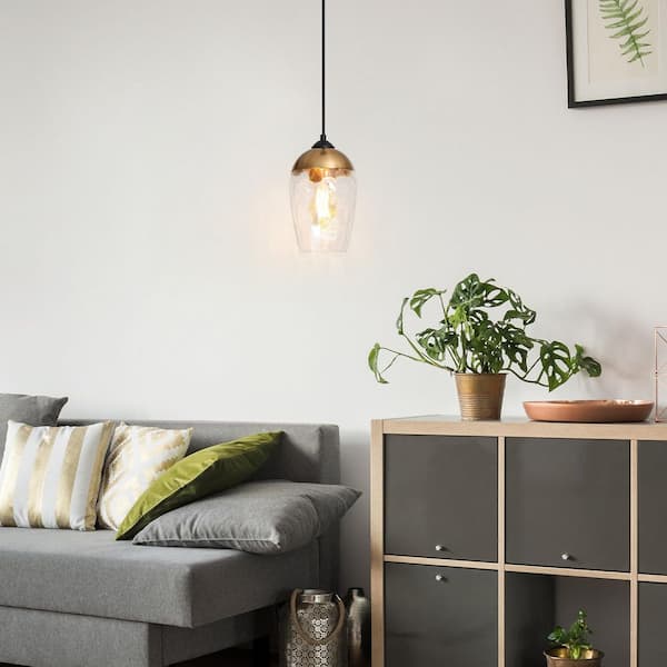 1-Light Brass-Plated Mini Pendant Light, Water Glass Pendant Hanging Light, Black Modern Farmhouse Chandelier