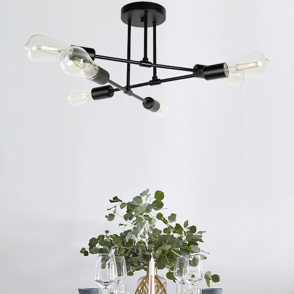 6-Light Foyer Lighting Fixtures, Black Sputnik Modern Linear Semi Flush Mount Ceiling Light Fixture for dining room