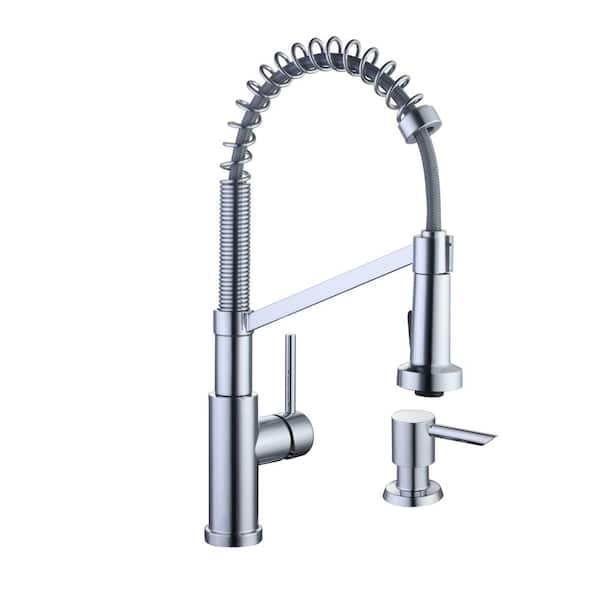 Gage Single-Handle Spring Neck Pull-Down Sprayer Kitchen Faucet with Soap Dispenser in Polished Chrome