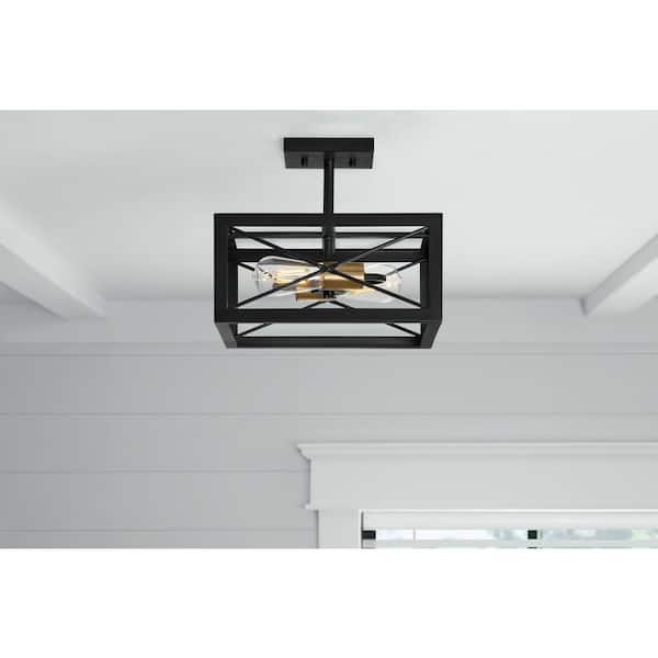 Harwood 12.5 in. 2-Light Matte Black and Old Satin Brass Semi-Flush Mount Ceiling Light with Cage Shade