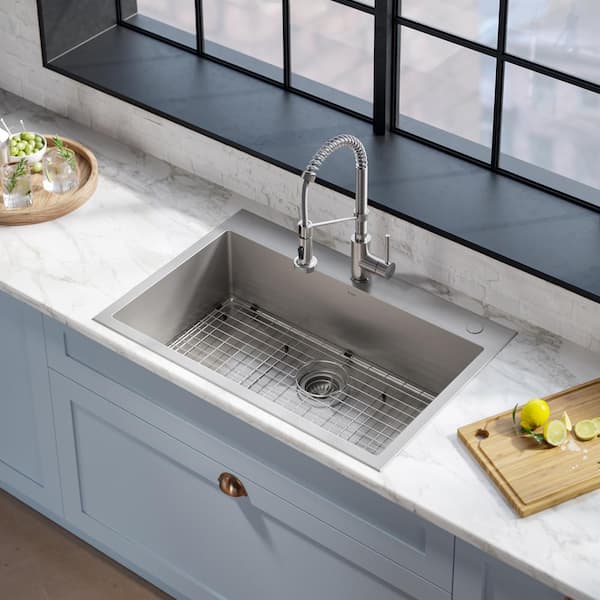 Loften Stainless Steel 33in. Single Bowl Drop-in / Undermount Kitchen Sink with Stainless Steel Pull Down Faucet