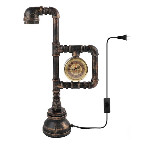 17 .3 in. H. Antique Brass Steampunk Industrial Retro Metal Water Pipe Table Lamp with Clock Style