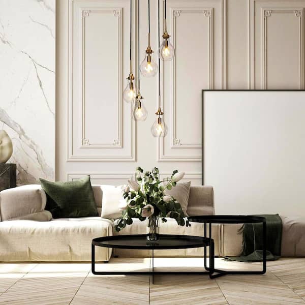 Modern Dining Room Cluster Chandelier 5-Light Black and Brass Teardrop Chandelier with Clear Glass Shades