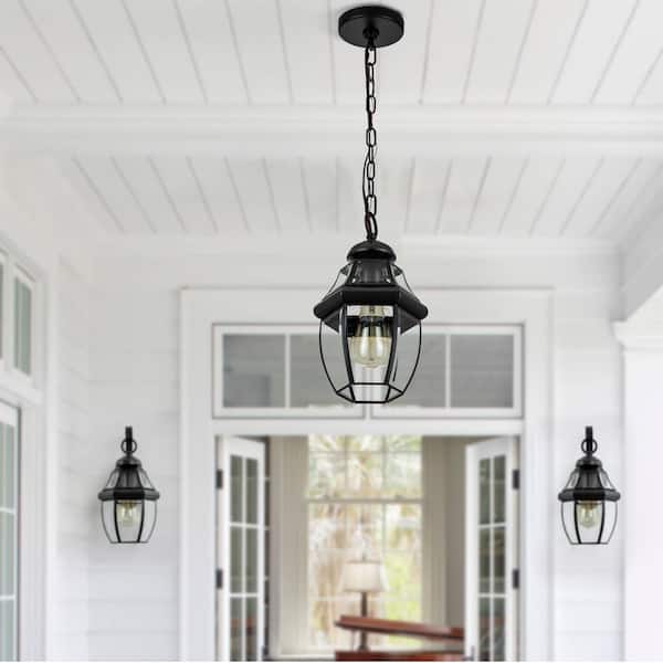 1-Light Brass Hardwired Outdoor Pendant Light with Clear Glass Panes