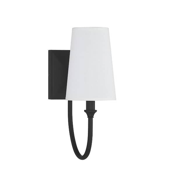 Cameron 5 in. W x 13 in. H 1-Light Matte Black Transitional Wall Sconce with White Fabric Shade