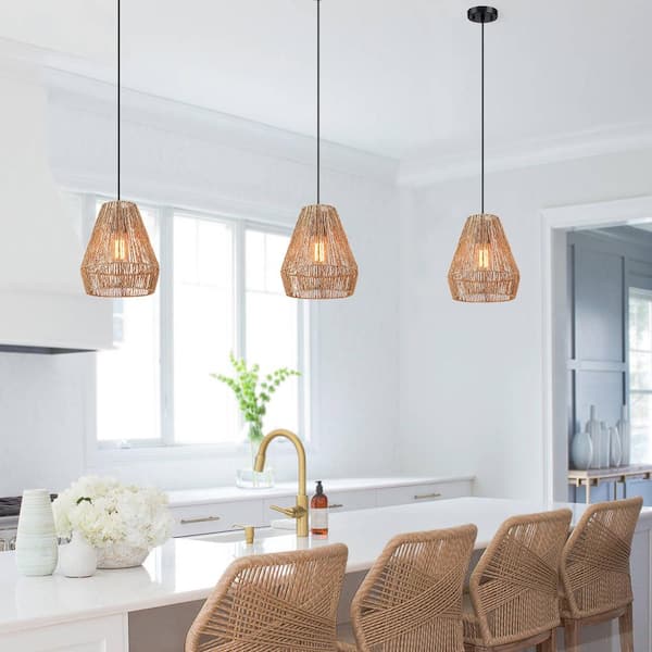 1-Light Bohemian Natural Jute Rope Island Mini Pendant Light with Black Hardware