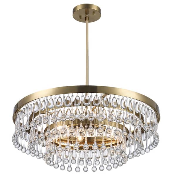 4-Light Brass and Tiered Crystal Pendant Light Fixture with Hanging Crystal Beaded Shade