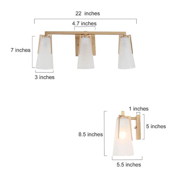 22 in. Modern Farmhouse Gold Bathroom Vanity Light, 3-Light Wall Sconces Lighting with Bell Frosted Glass Shades
