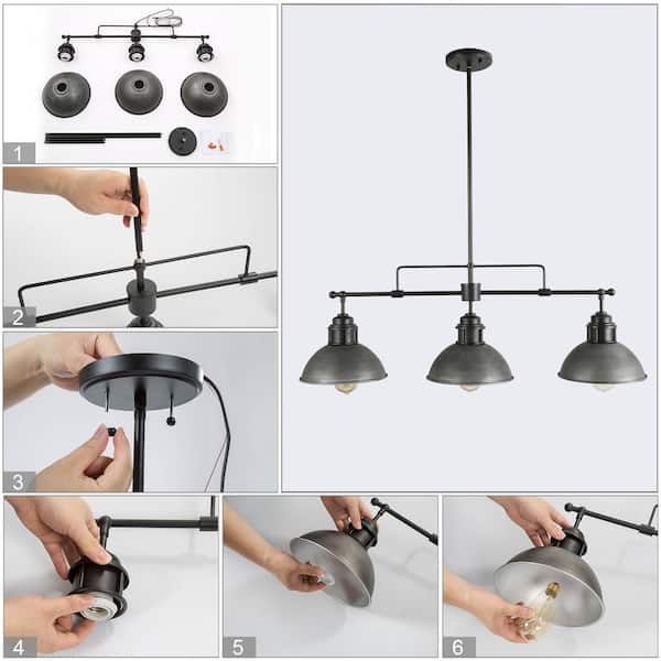 Industrial Black Island Chandelier Farmhouse Barn Pendant Light 3-Light Linear Pendant Light with Brushed Silver Shades