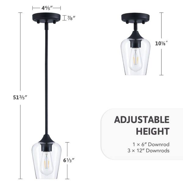 1-Light Matte Black Pendant Light Glass Goblet Shade